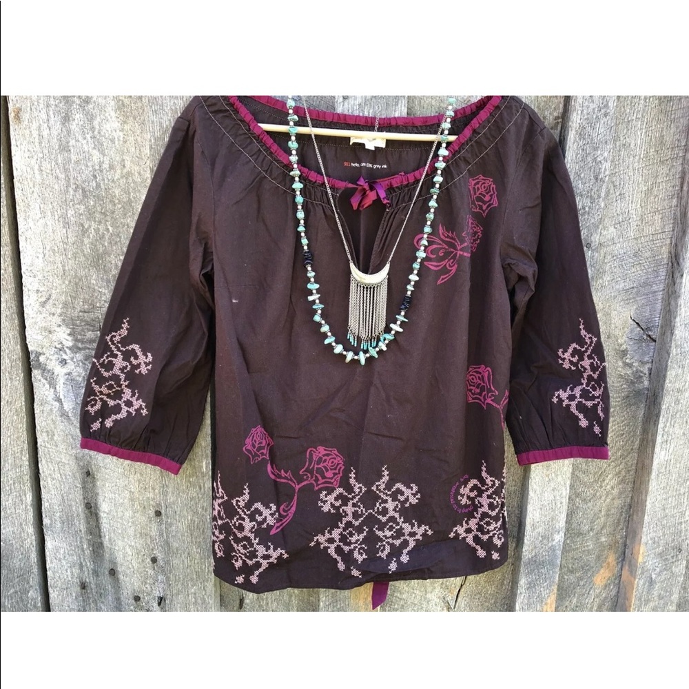 Anthropologie Odd Molly boho peasant top brown S cottagecore embroidered folk